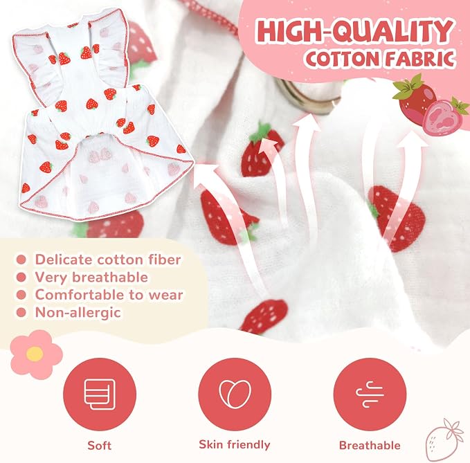 Dog Dresses for Small Dogs Girl Female Clothes Cat Clothes Cat Dress Cute Cotton Extra Summer Clothes Bow Decor Printed Strawberry Dog Birthday Outfit Small Puppy Clothes White M