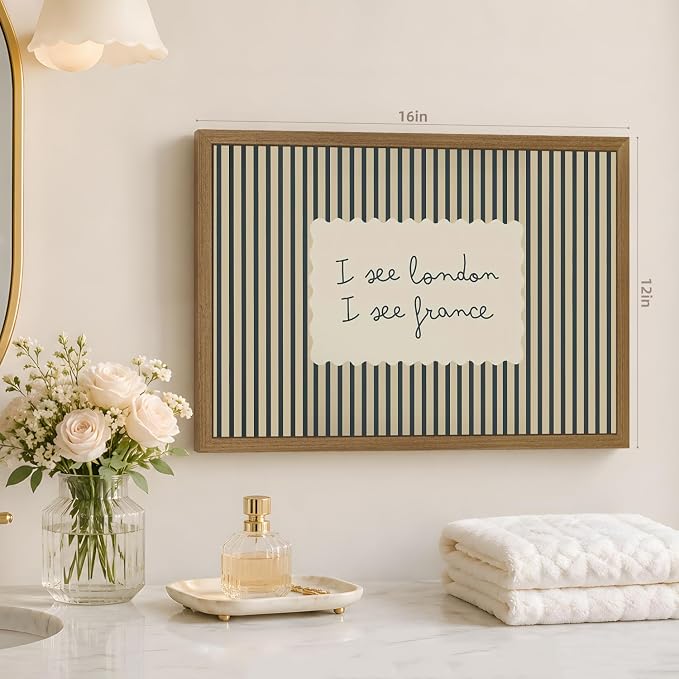 VziizV Vintage Postcard Wall Art, I See London I See France Quote Canvas Print, Minimalist Striped Typography Wall Decor, Cottagecore Farmhouse Poster Print for Bedroom Wood Framed 16x24 Inch