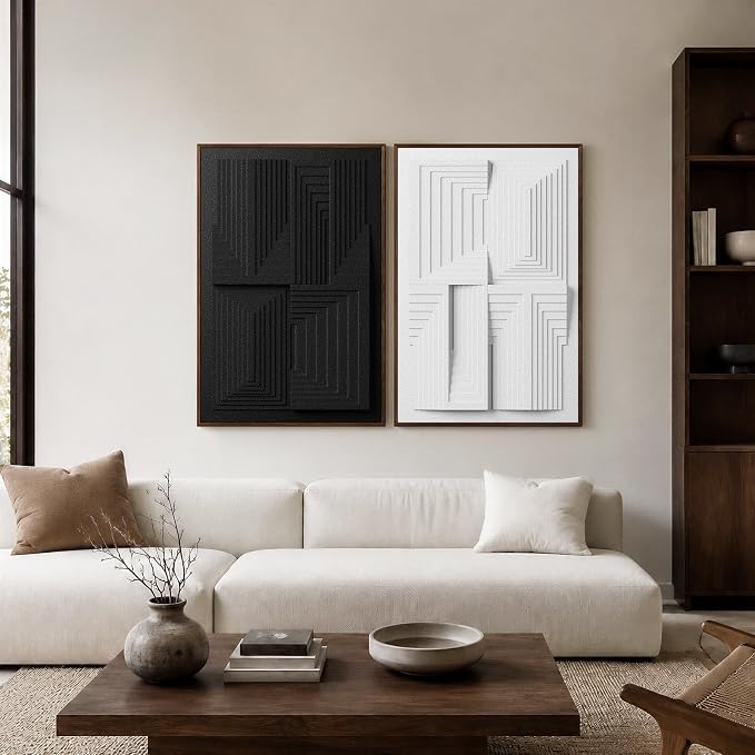Thalasse Modern Abstract Wall Art Large Framed 3D Black White 24x36 In | Textured monochrome geometric relief, sandstone minimalist pictures, office hallway decor, 2 piece set