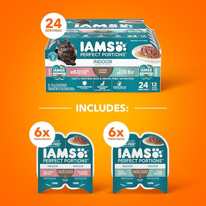 IAMS Perfect Portions Cuts in Gravy Wet Cat Food, Tuna & Salmon, 12 Count | Tuna & Salmon cuts in gravy, 2.6 oz. snap-peel-serve twin packs, Vitamin E immune support, prebiotic fiber, made in USA