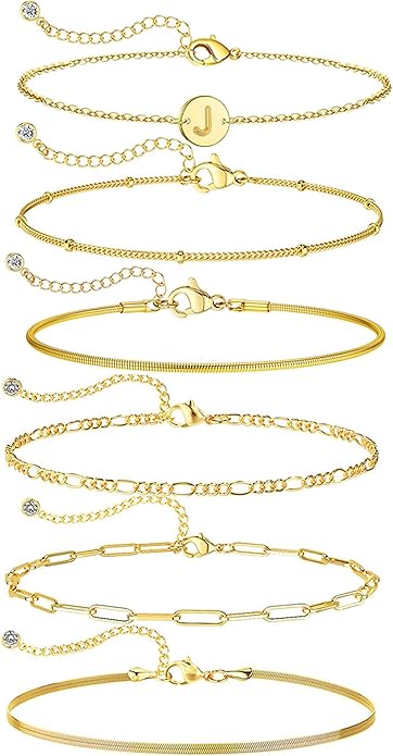Bracelets for Women, 14K Gold Plated 6PCS Letter A-Z Stackable Jewelry Set for Adjustable 6"+2"