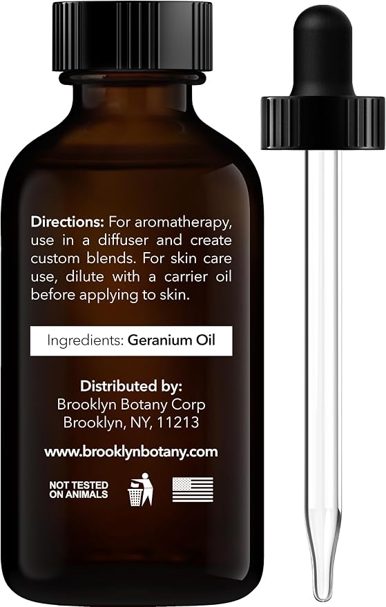 Brooklyn Botany Geranium Essential Oil - 100% Pure and Natural - Premium Grade Oil with Dropper - for Aromatherapy and Diffuser - 1 Fl Oz