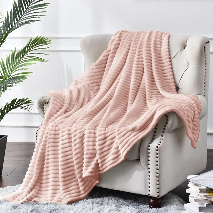 BEDELITE Ribbed Jacquard Light Pink Fleece Twin Blanket for Bed, 60x80 Inch | Soft Warm Decorative Fluffy Blanket, Cozy Plush Lightweight Fuzzy Throw Blanket for Couch Sofa Room Decor, Gift for Women
