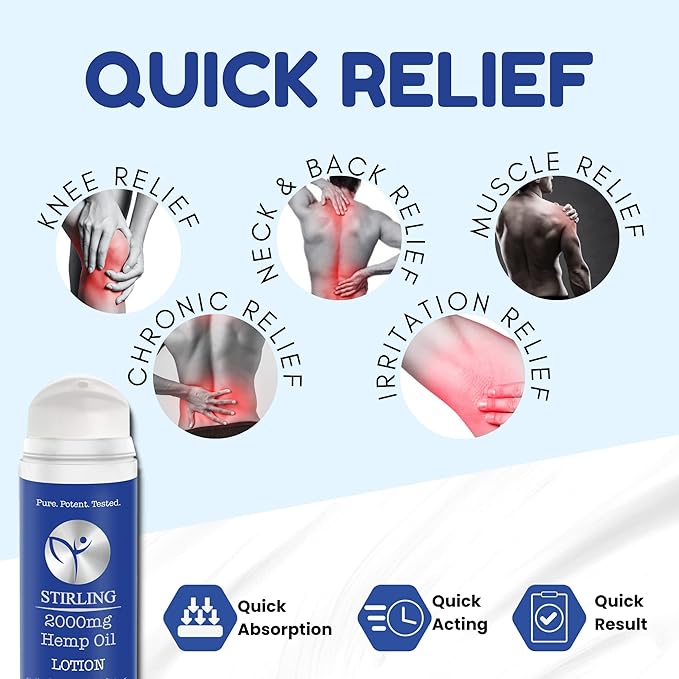STIRLING Menthol Lotion + Hemp Oil – Maximum strength relief with cooling menthol and 100% pure hemp oil to soothe joints, relax muscles, and hydrate with aloe vera. 5 fl oz. (2000mg, Menthol)