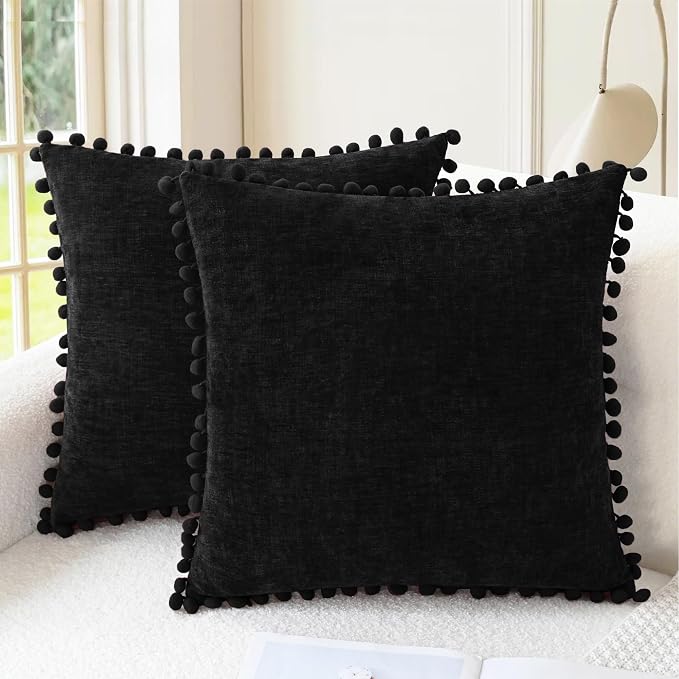 CaliTime Decorative Couch Throw Pillow Covers 16 X 16 Inches Black | Pack of 2, Cozy Chenille Cushion Cases, with Pom Poms for Sofa Bed Living Room Farmhouse Home