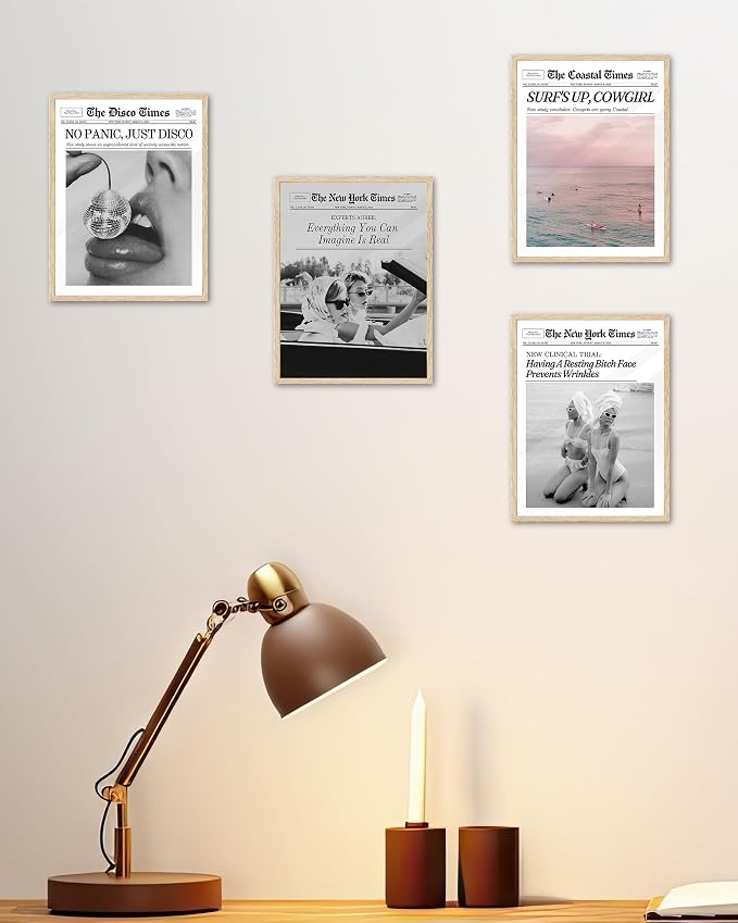 iHery 8x10in Surf’s Up Cowgirl Framed Newspaper Wall Art | Natural OAK Wood Frame with Canvas Print, Coastal Cowgirl Decor for Bedroom, Dorm, Living Room and Bar Cart, 1Pack