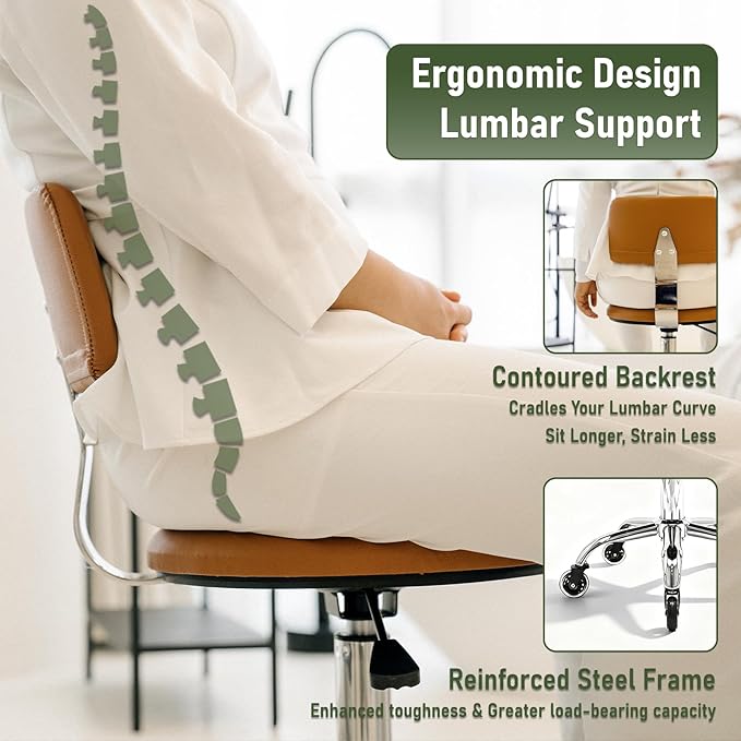Rolling Stool Chair with Wheels, Height Adjustable Stool with Back Support, Heavy Duty Rolling Shop Chair with PU Leather Seat Cushion for Salon Spa Massage Kitchen Vanity Garage Tattoo Dentist(Camel)