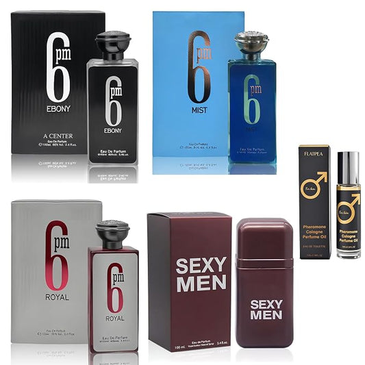 AFLUXE Men's Cologne Gift Set - Variety Pack of 4 Long Lasting Fragrances with 10ml Pheromone Cologne (6PM Ebony/6pm Mist/717 Sexy Men/6pm Royal)