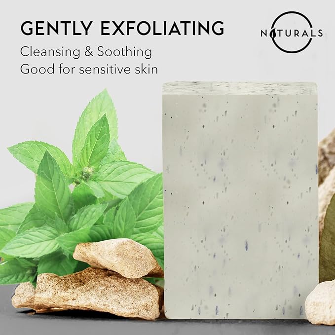 O NATURALS 7.76 oz (3PC) Exfoliating Soap Bar with Dry Mint Leaves - Medium Grit Mens Soap - All Natural Exfoliation Bar Soap for Men - Mint Bar Soap - Face Soap Bar - Moisturizing Mens Face Bar Soap