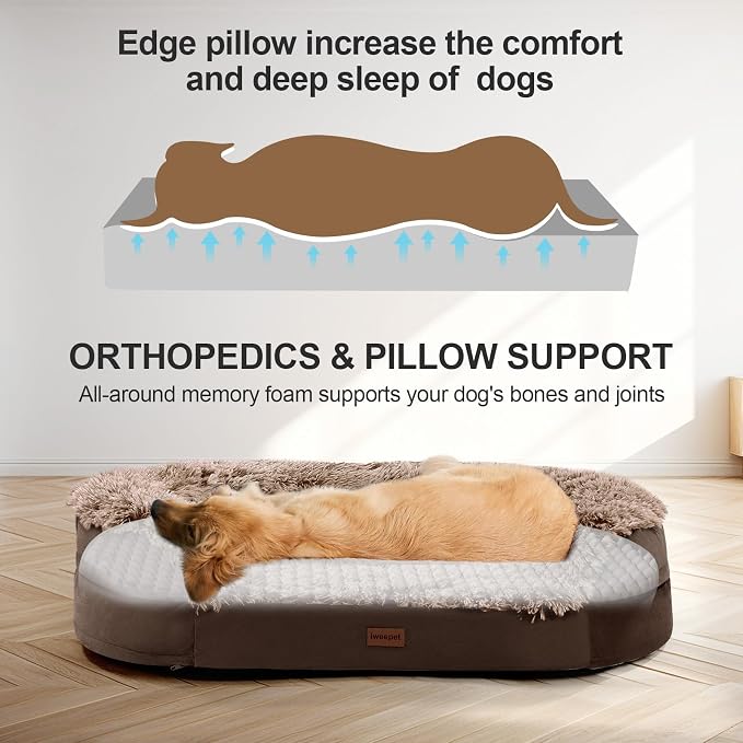 Fluffy Calming Jumbo Orthopedic Dog Beds for Extra Large Dogs, Supportive Dog Sofa Bed with 3.7 inch 28D Egg-Crate Foam, Removable Washable Plush Cover, Waterproof Lining, 48’’,Brown