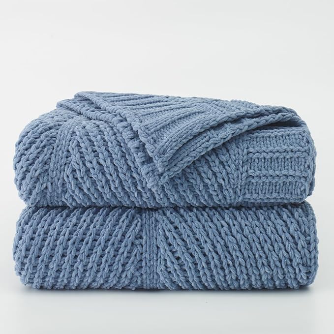 Knit Throw Blanket, Soft Chenille Cozy Breathable Chevron Chunky Decorative Blanket for Couch, Bed & Sofa, French-Inspired Lightweight Warm Gift for Women, Washed Blue, 50"x60"