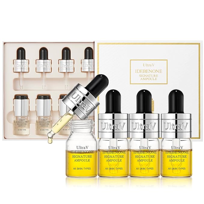 Ultra V Idebenone Signature Ampoule - Anti Aging Antioxidant Serum – Peptides, Niacinamide, Hyaluronic Acid – Anti Wrinkle, Smoothes, Softens Skin - 0.27 fl.oz 4 Packs 12,000ppm
