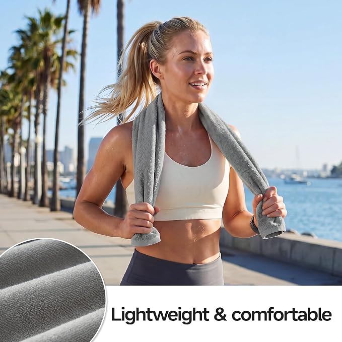 REDKISS 2 Pack Cotton Workout Towels, 43" x 16" Super Absorbent Soft Gym Towels for Men & Women, Large Sweat Sports Towel for Yoga Running Swimming Travel Camping - Light Gray