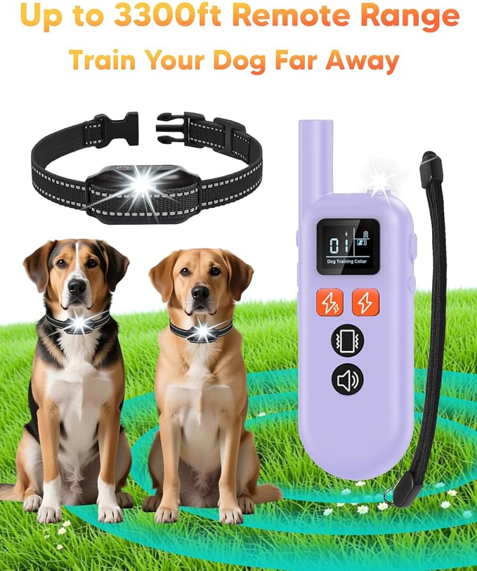 Dog Shock Collar - 3300FT Dog Training Collar with Remote, Flashing Light, IPX67 Waterproof Dog Collar with 6 Training Modes, Smart Dog E Collar for 15-120lbs Small Medium Large Dogs
