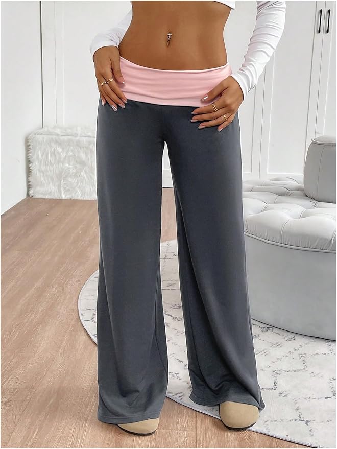 SOLY HUX Women's Sweatpants Color Block Low Rise Fold Over Waist Baggy Wide Leg Pants