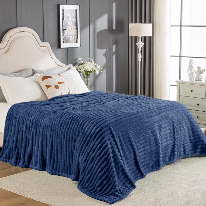 Wider Striped 380gsm Navy Throw Blanket for Couch Super Soft Cozy Blankets for Women Fuzzy Fleece White Blanket for Bed Sofa 50x60
