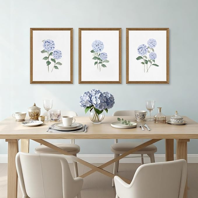 WRFON Blue Hydrangea Framed Wall Art Set of 3, Watercolor Floral Botanical Canvas Prints, Minimalist Flower Wall Decor for Dining Room Living Room Bedroom, Wood Frame 16x24 Inch