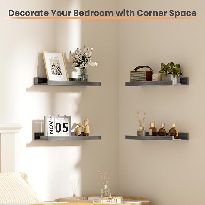 upsimples Floating Shelves for Wall Decor and Storage, Grey, 6Pcs 15.7'' | Wall Mounted Wood Shelves for Living Room, Bedroom, Bathroom, Kitchen, Office, Laundry Room Display and Organize