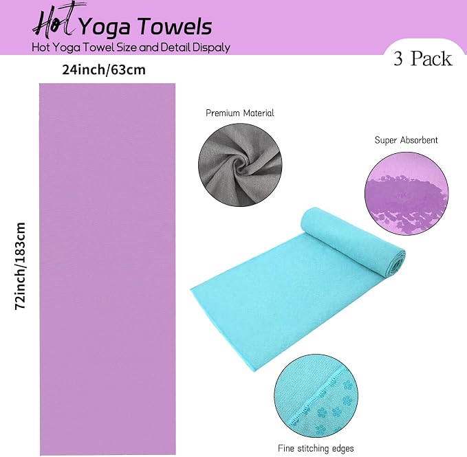3 Pack Hot Yoga Towels with Plum Blossom Grip Dots, Non Slip Yoga Mat Towel, Super Absorbent Soft Suede Microfiber Mat Cover for Hot Yoga, Pilates, Bikram & Workout, 24" x 72", 1Lavender,1 Grey&1 Blue