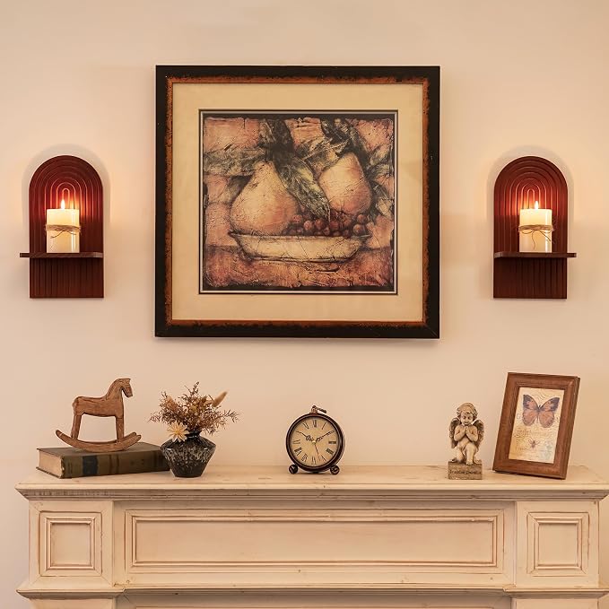 Mid Century Modern Walnut Wall Candle Holder Set of 2 | 3D Arch Candle Sconces, MCM Decor, Wooden Minimalist Shelf, for Plants or Pillars, for Living Room Fireplace