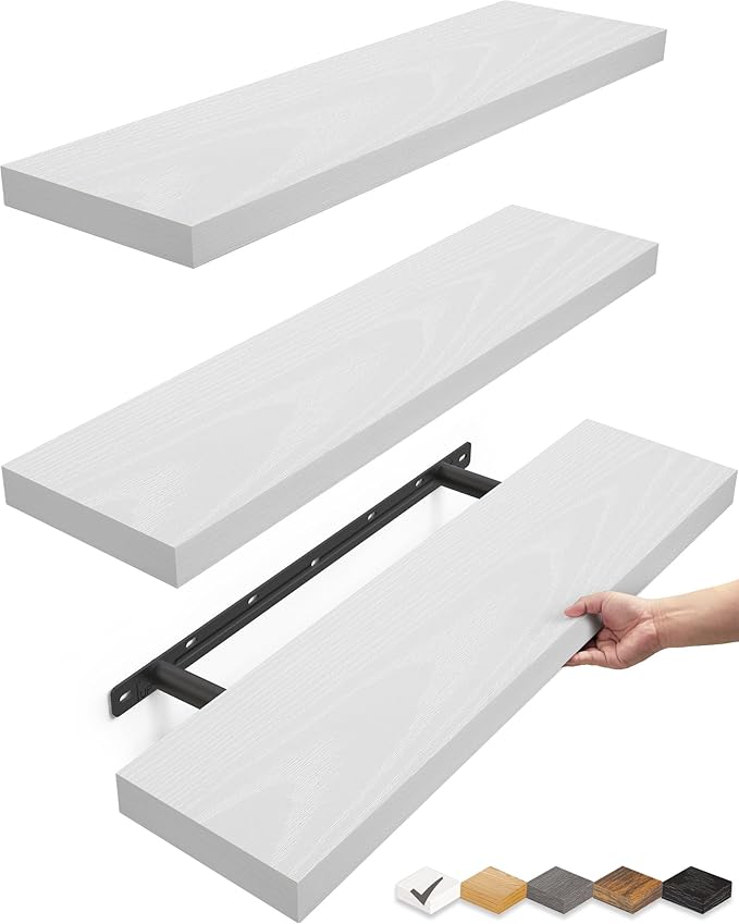 BAYKA White Floating Shelves 22.5in, Set of 3, Wall Mount Rustic Wood Shelf | Easy Install, 22lbs Max Load, Hidden Bracket, Hanging Shelf for Bathroom Bedroom Kitchen Storage Decor, Multi-Wall Compatible