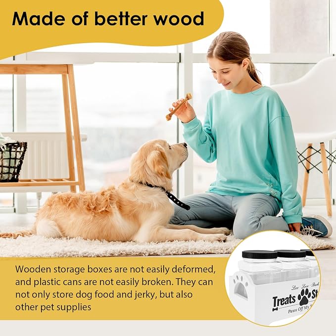 Dog Treat Container for Countertop Dog Food Storage with 3 Plastic Treat Jars Wood Dog Food Container with Handles and Lids Farmhouse Practical Pet Cat Dog Treat Storage Containers (white)