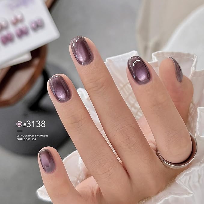 GAOY Jelly Purple Cat Eye Gel Nail Polish, 16ml Glitter Holographic Nail Polish with Magnet, Reflective Translucent UV Gel, 3138 Purple Orchids