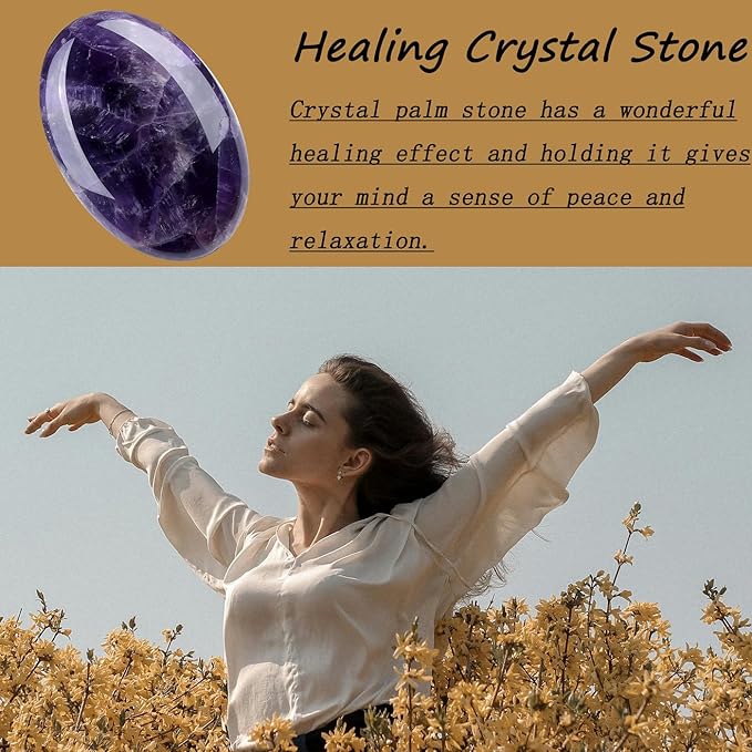 DUQGUHO Amethyst Crystal Stone 2.4'' Purple Palm Stone Natural Healing Crystal Gemstone Worry Stone Energy Balancing Polished Stones Blessing Gifts Boho Pocket Stone 1PCS