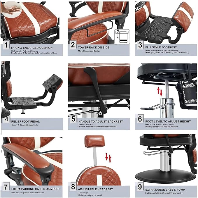 Kaleurrier Reclining Hair Salon Chair - Vintage Barber Chairs Height Adjustable for Stylist Barber Shop Home Haircut Tattoo Massage - Brown and White Quilted Leather