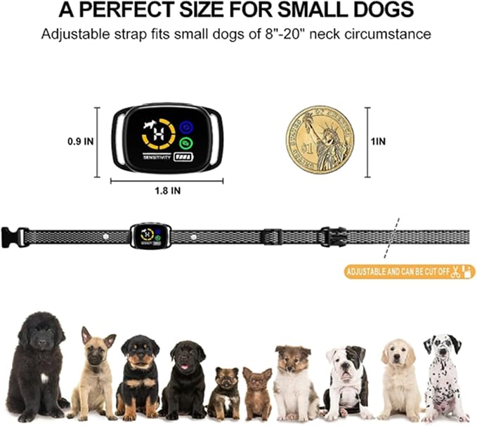 MINI No Shock Bark Collar for Small Dogs, Humane Vibrate & Beep Training, Smart AI Anti-False Triggering, IP67 Waterproof, Rechargeable, Adjustable Strap 8-20" Neck