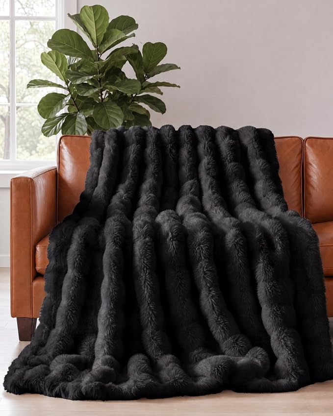 3D Fleece Bubble Blanket Throw Size - Rabbit Blanket - 50" x 60", Black | Soft Fluffy Faux Fur Blanket for Couch Sofa & Chair, Cozy Gifts for Women, Tie Dye Cloud Throw Bed Cover, Thick Plush Bedding