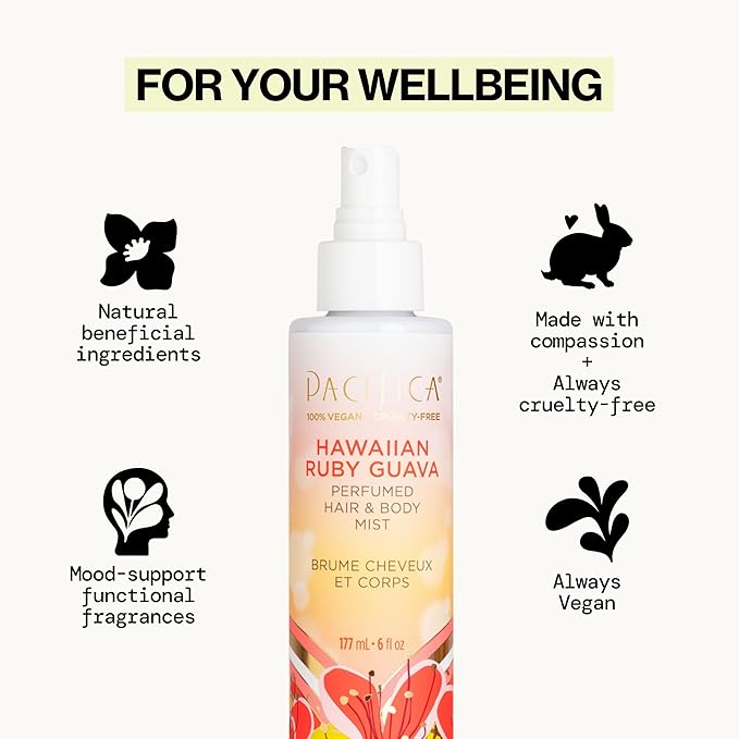 Pacifica Hawaiian Ruby Guava Hair Perfume & Body Fragrance Spray Mist - Body Mist Fragrance w/Grapefruit, Patchouli, Sugar Notes & Geranium Clean Beauty Alcohol-Free, Vegan & Cruelty-Free, 6 oz