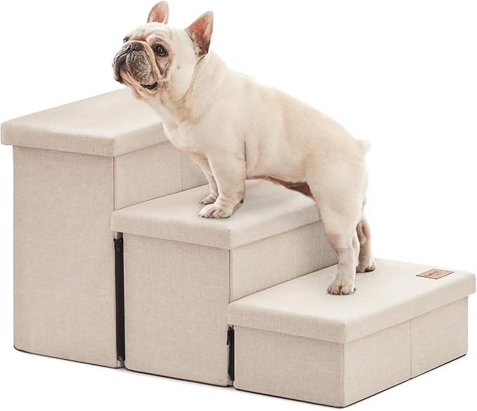 Love's cabin Dog Stairs for High Bed, Foldable Pet Stairs for Small Medium or Large Dogs Puppy with Storage for Bed or Couch, Cat Dog Steps Ramp with Zip up to 200 lbs, Beige, 3 Steps