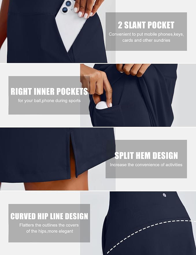 PINSPARK 20" Skorts for Woman Knee Length UPF 50+ Golf Skirts | 4 Pockets, Built-in Shorts, High Waisted, Split Hem, Silky-smooth, Moisture-wicking, for Golf Athletic Tennis Workout Casual