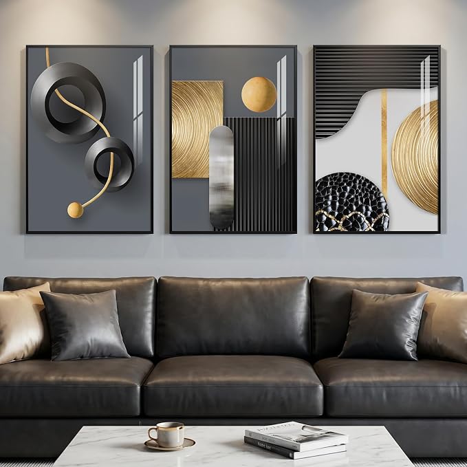 Framed Modern Elegant Wall Art for Living Room, 3 Piece Contemporary Luxury Prints Paintings, Black and Gold Abstract Geometric Pictures for Bedroom Dining Room Hallway Entryway Home Office Wall Decor 20x30 In