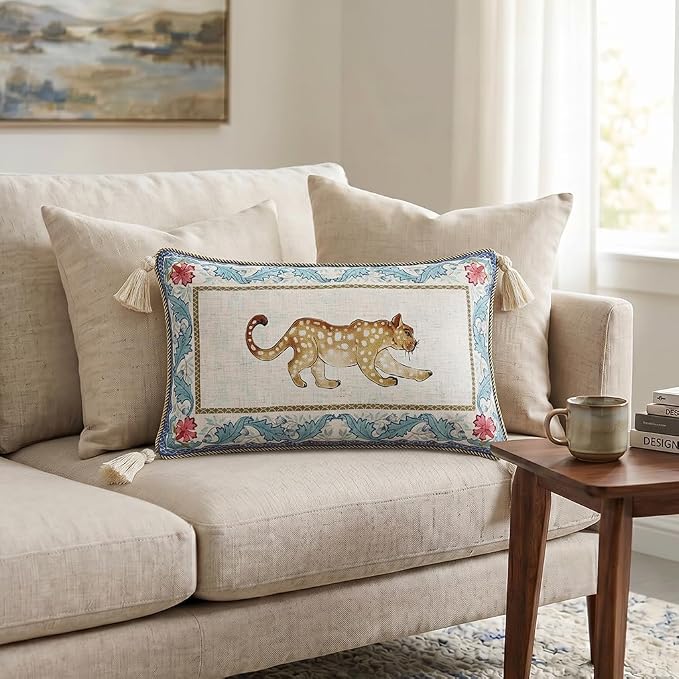 patdrea Designer French Vintage Linen Throw Pillow Cover,12"x20"-Fromm B | Elegant Decorative Pillow Case,Leopard Print with Tassel,Pillow Cover for Couch Living Room Bedroom Sofa