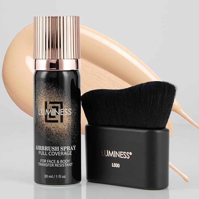 LUMINESS Airbrush Body Coverage with Self Tanner Brush - Tattoo Cover Up Makeup - Full Coverage Foundation for Face & Body - Water-Resistant, Long-Wear, Natural Radiant Finish, Light Fair