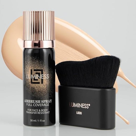 LUMINESS Airbrush Body Coverage with Self Tanner Brush - Tattoo Cover Up Makeup - Full Coverage Foundation for Face & Body - Water-Resistant, Long-Wear, Natural Radiant Finish, Light Fair