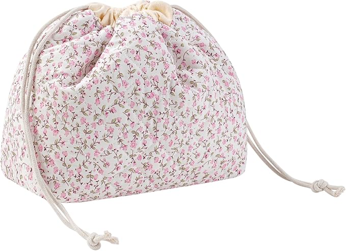 uekeboag Cotton Quilted Seersucker Makeup Bag with Canvas Lining,Coquette Aesthetic Cute Travel Toiletry Bag,Drawstring Gift Bag for Women and Girls（Pinkfloral）