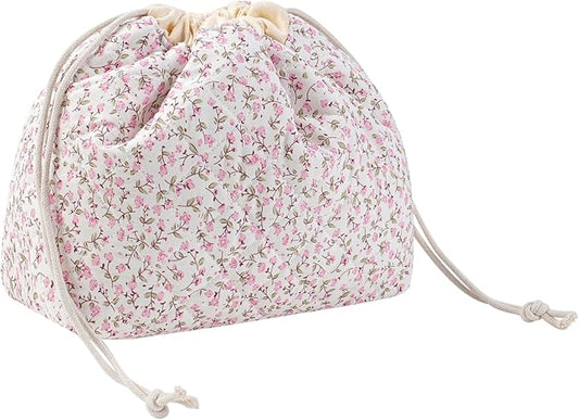 uekeboag Cotton Quilted Seersucker Makeup Bag with Canvas Lining,Coquette Aesthetic Cute Travel Toiletry Bag,Drawstring Gift Bag for Women and Girls（Pinkfloral）