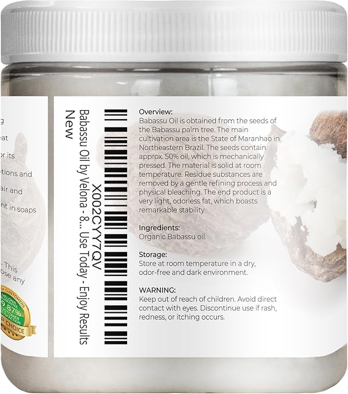 velona Babassu Oil USDA Certified Organic - 8 Fl Oz | 100% Pure and Natural Carrier Oil | Refined, Cold Pressed | Face, Hair, Body & Skin Care and Cooking | Use Today - Enjoy Results…