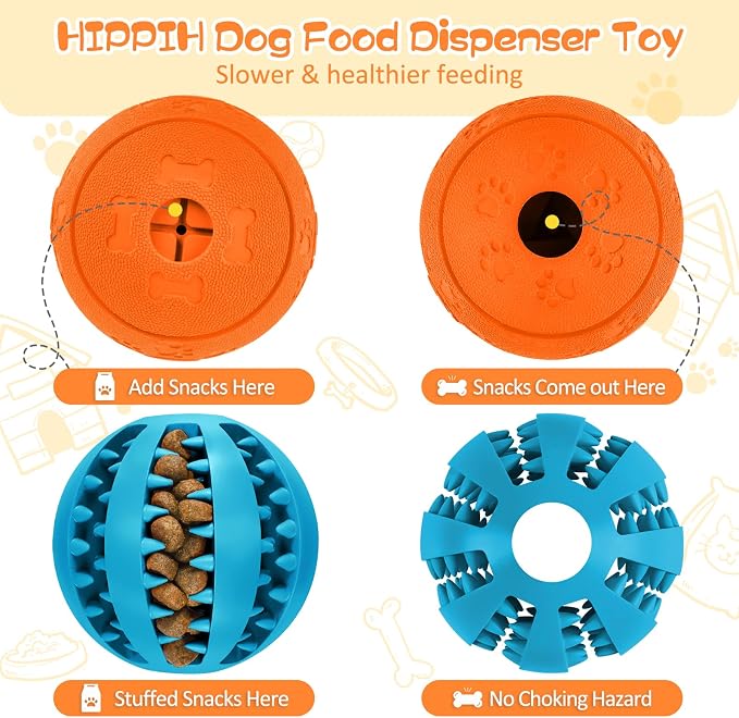 HIPPIH Dog Puzzle Toy 2 Pack, Interactive Dog Toys for Treat Dispensing | Durable Puppy Enrichment Toys, Dog Treat Ball for Teething, Slow Feeder, IQ Training, Blue-2.75'', Orange-3.14''