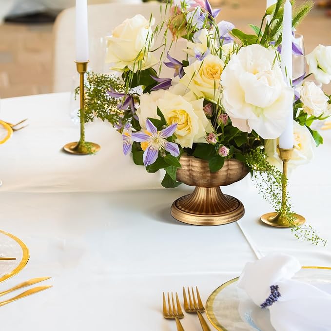 2 Pcs Vintage Gold Compote Vase, 8" Wide Pedestal | Retro Pedestal Bowl for Wedding Centerpieces, Antique Urn Planter Style, Anniversary Parties, Indoor Outdoor Summer Events