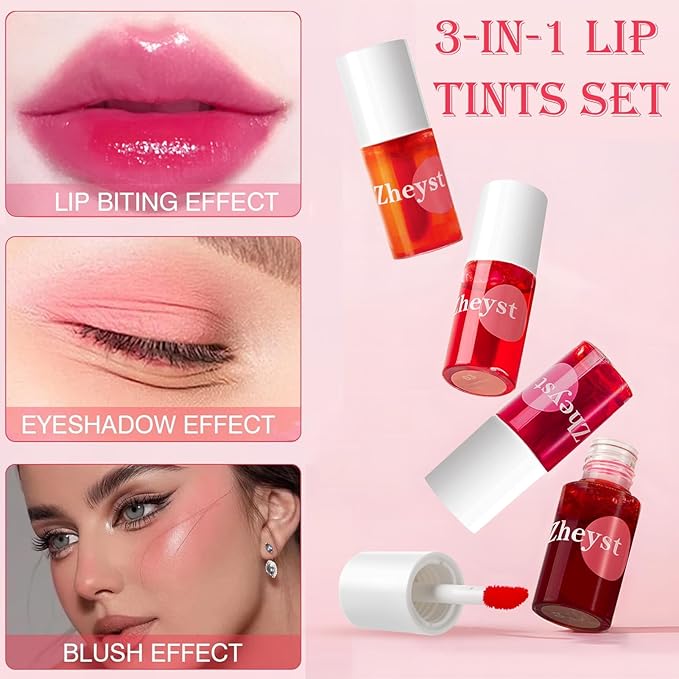 Lip Tint Stain Set – 4 Colors High Shine Gloss with Vitamin E Non-Sticky Hydrating Lip and Cheek Tint Stain Waterproof Lip Stain Long Lasting Formula Water Tint Lip Stain for Women Moisturizing Glow