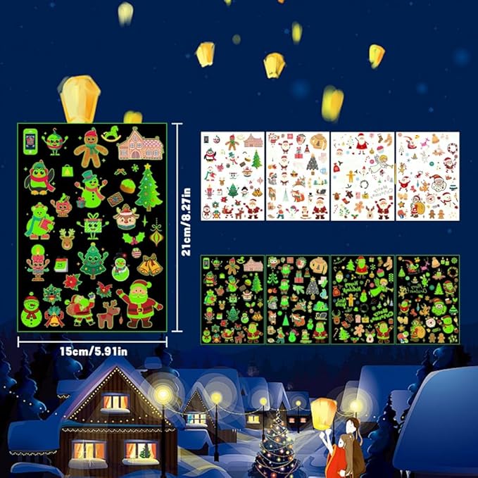 Christmas Temporary Tattoos Glow in the Dark Face Stickers Luminous Snowman Tattoos Mixed Styles Elk Christmas Tree Eye Fake Tattoos Cute Waterproof Stickers for Girls Body Art Makeup 4 Sheets