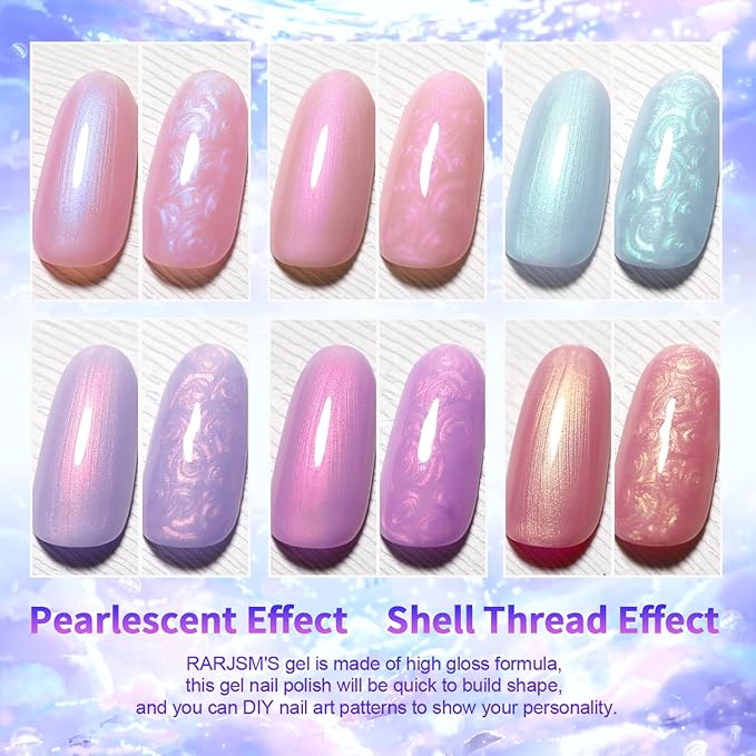 RARJSM Pearlescent Gel Nail Polish Set Mermaid Dreams Iridescent Shell Glitter Gel Polish 6 Colors Pink Blue Green Purple Gold Shimmer Swirl Thread Effect Soak Off Curing Requires Home Salon