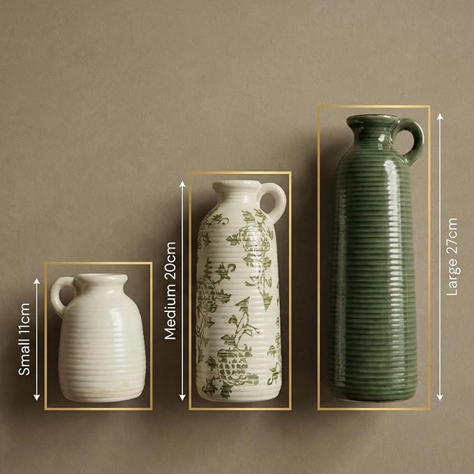 Ceramic Vase Set of 3 with Handles, Green White Neutral Rustic Modern Farmhouse Boho Decor, Versatile as Table Centerpiece or Mantel & Shelf Accent - Unique Home Gift Idea