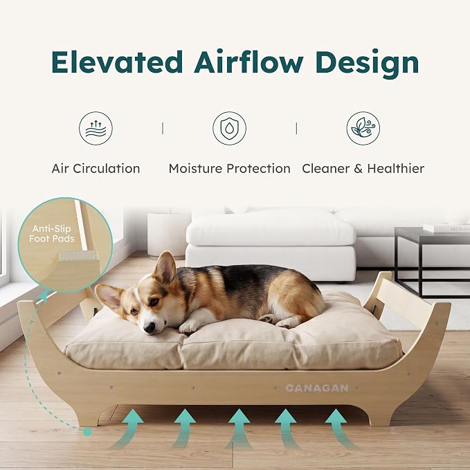 CANAGAN Elevated Wood Dog Bed Frame with Cushion, WoodPattern, Medium | Raised Dog Couch Bed with Washable Cover and Plush PP-Filled Cushion, Furniture-Style for Indoor Living