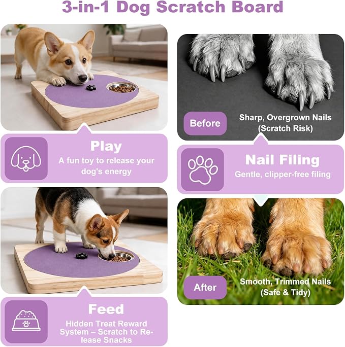 Dog Nail Scratch Board with Treat Board, Stress-Free Nail Care for Dog | Wood Scratching Pad with Sandpaper and 6 Steel Bowls, Nail File Toy for Dog