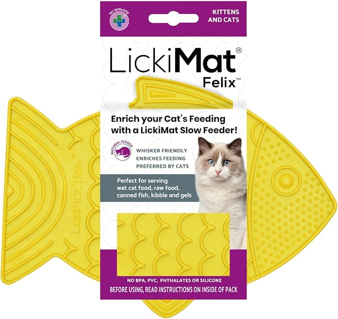 LickiMat Felix, Fish-Shaped Cat Slow Feeders Lick Mat, Boredom Anxiety Reducer; Perfect for Food, Treats, Yogurt, or Peanut Butter. Fun Alternative to a Slow Feed Cat Bowl or Dish, Yellow
